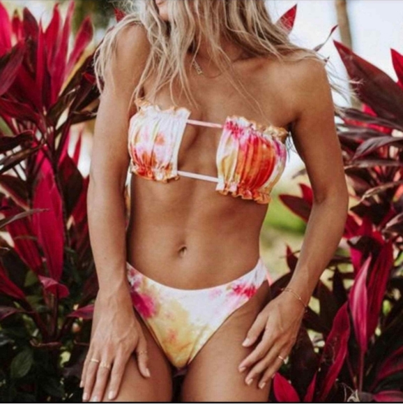 Zaful Other - Zaful Tie Dye Orange Pink Bandeau Elastic Bikini Top Swim Swimsuit Swimwear 8